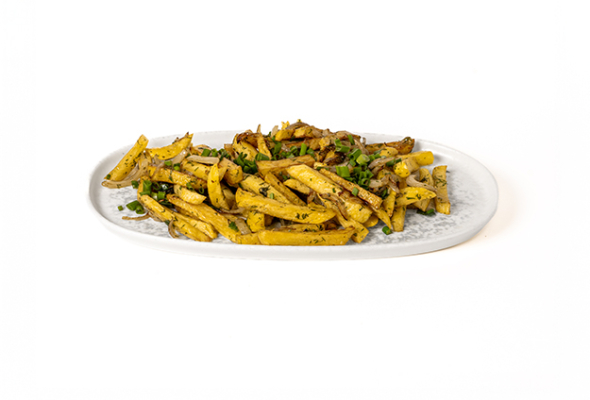 სახლში მომზადებული შემწვარი კარტოფილი ხახვთან ერთად